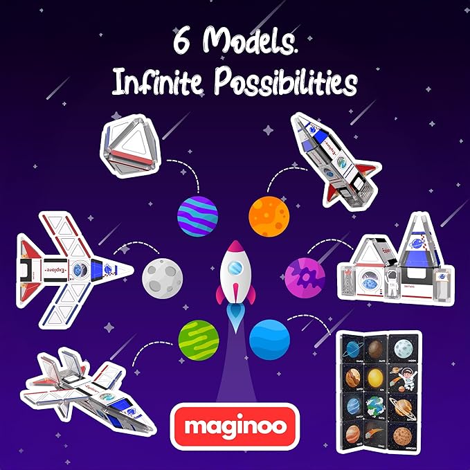 42PCS Mini Magnetic Tiles Space Rocket Travel Set with Iron Box STEM Educational Building Blocks Magnetic Construction Toy for Kids Ages 3 to 8 Creative Gift for Boys and Girls