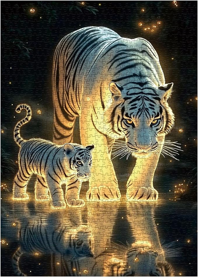 White Tiger Family Puzzles for Adults 1000 Pieces, Nature Wildlife Scene Jigsaw Puzzles, Animal Art Puzzles