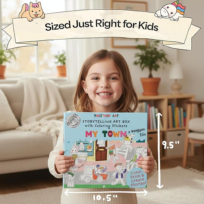 Together Art My Town Color Your Own Storytelling Sticker Kit - Hand-Drawn Scenes & Coloring Your Own Stickers - DIY Arts & Crafts Gift for Kids 4-10 - Designed, Partially Produced & Assembled in USA