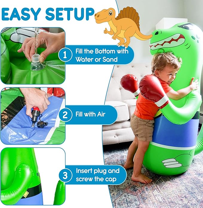 47" Inflatable Dinosaur Punching Bag for Kids - Durable Blow Up Kids Punching Bag with Bounce Back Base - Inflatable Indoor Outdoor Active Toddler Bop Play Toy