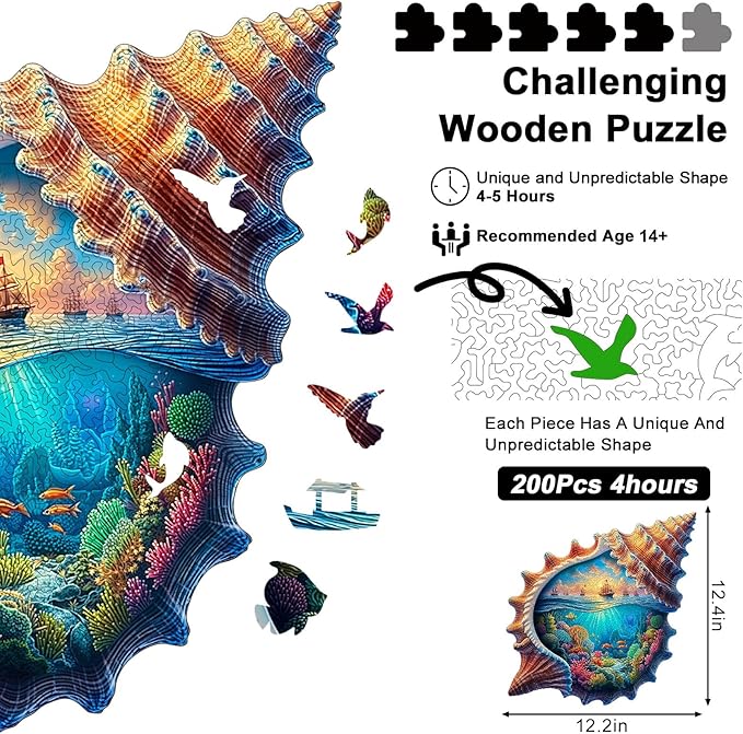 Wooden Puzzles for Adults, 210 Pieces Unique Seashell Shaped Wooden Jigsaw Puzzle, 3D Underwater & Sea Surface Pattern Wood Puzzle, Easter Gift for Mom, for Adult Puzzle Lovers