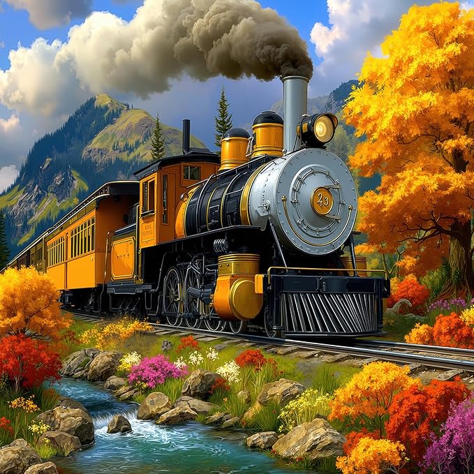 Autumn Steam Train 1000 Piece Puzzle for Adults - Vintage Locomotive Art, Mountain Stream Fall Scene, Poster & Lettered Back, 22.8" Square HD, Gift for Train & Nature Lovers
