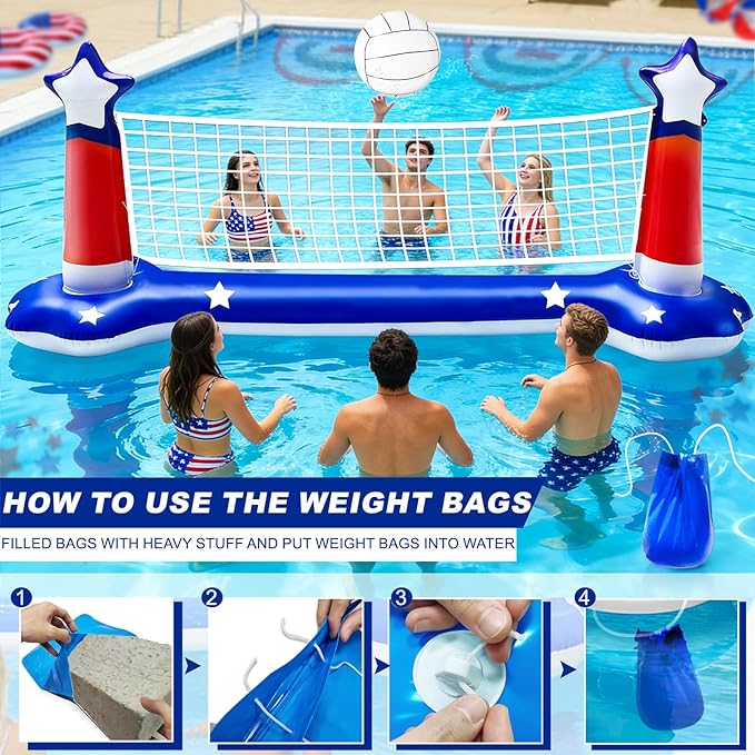 4th of July Pool Games Set, Volleyball Net & Basketball Hoop & Ring Toss, 250th Anniversary 3-in-1 Large Inflatable Water Sport Game Toys for Multi-Player Adults American Flag Swimming Summer Party