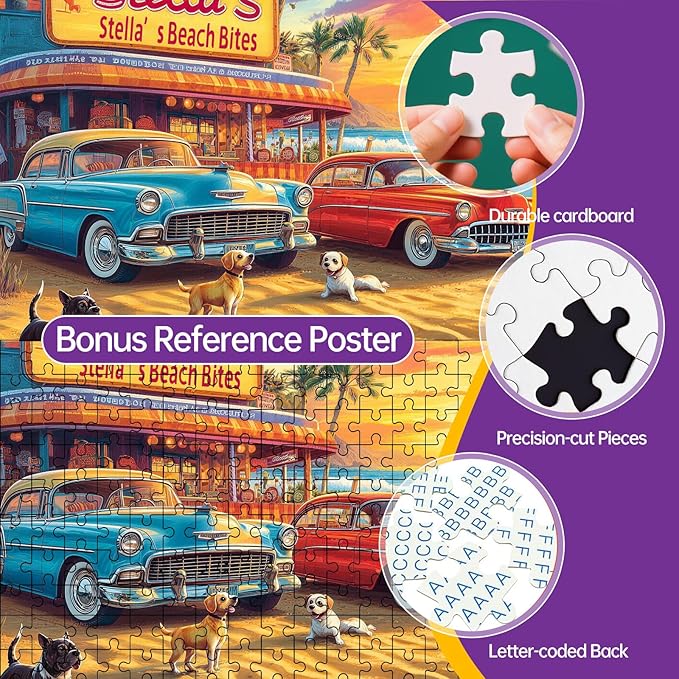 500 Piece Beach Vintage Truck Jigsaw Puzzle for Adults, Summer Sunset Surf Puzzle, Dog Puzzles for Adults 500 Pieces, Home Decor Birthday Party Gift for Men Women Elders, 20.5 x 15 in