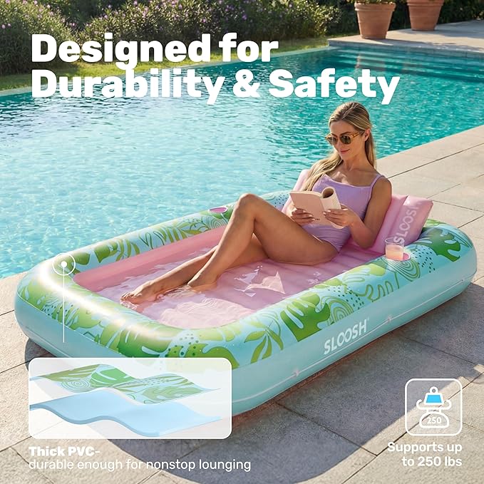 SLOOSH Inflatable Tanning Pool Lounger Float, 70" x 46" Pool Floats Adult with Pillow, 4 in 1 Suntan Tub Raft Floatie,Sunbathing Bed Lounge for Water Blow Up Kids Ball Pit Party Gifts, L-Cyan Pink