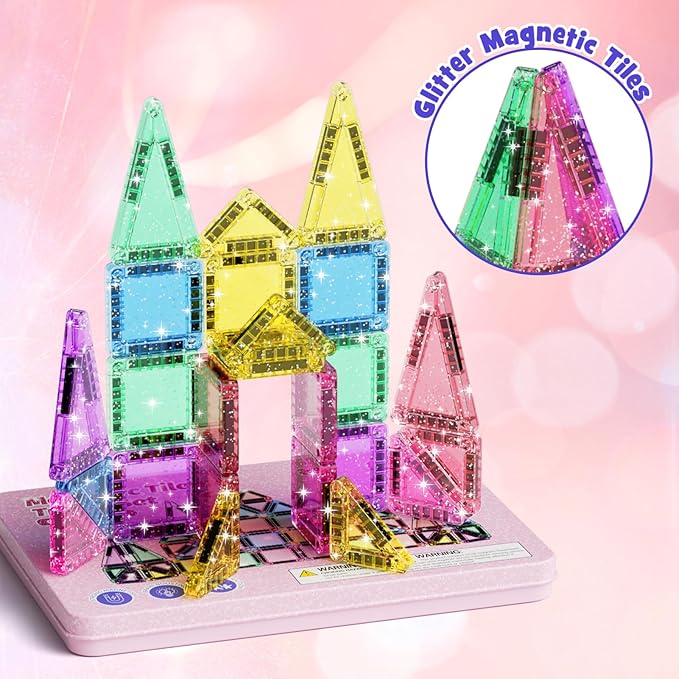42-Piece Glitter Magnetic Tiles Travel Set with Pink Metal Box - Portable STEM Building Blocks for Kids Ages 3-8 Boys & Girls STEM Montessori Educational Toys for Airplane Car Rides