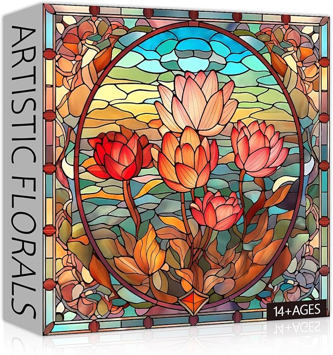 PICKFORU Stained Glass Flower Puzzles for Adults 1000 Pieces, Vintage Art Puzzles Floral, Impossible Hard Challenging for Adults