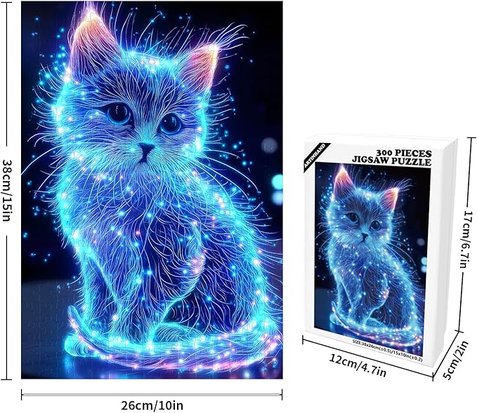 Great Jigsaw Puzzles for Adults 300 Pieces Animal Cute Blue Glowing Cat Puzzles for Adults Toys Gift Family Decoration Kids Puzzle