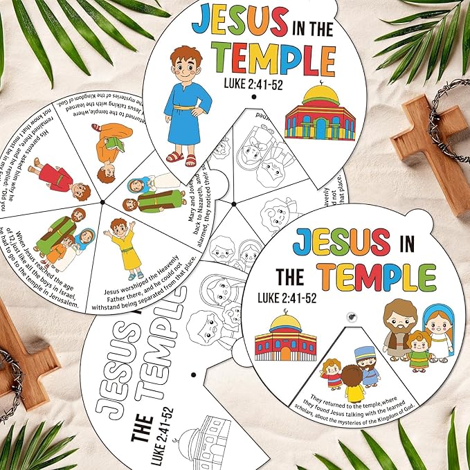 COcnny Easer Religious Coloring Craft- 24 Sets Color Your Own Christian Art Craft DIY Spining Cards for Kids, Jesus in the Temple Paper Craft Art for Sunday School Home Class Bible VBS Activities