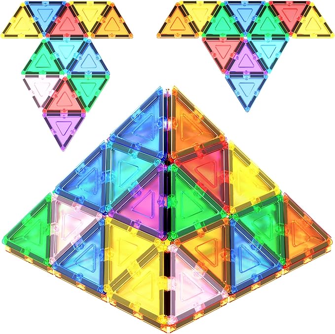 PicassoTiles Magnetic Tiles Equilateral Triangle Magnet Tile Building Set STEM Educational Construction Blocks for Kids Toddlers Boys Girls Age 3 Plus Pretend Play Learning Toy Stacking Kit PTE01
