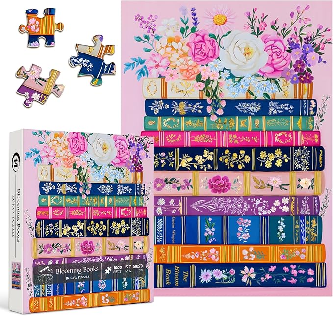 Colorful Flower Book Puzzles for Adults 1000 Piece, PICKFORU Wildflower Pages Jigsaw Puzzles Library, Impossible Spring Floral Art Theme for Book Lovers