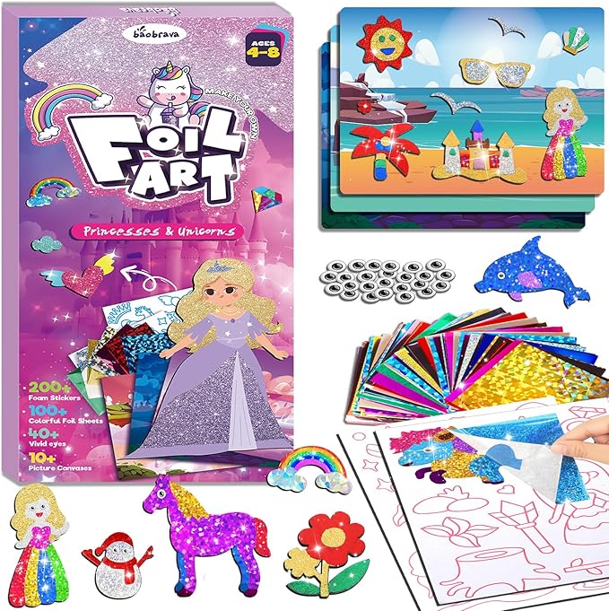 Baobrava Foil Art Fun Kit for Kids, Craft Kits Supplies, No Mess Princess DIY Creative Activity, Travel Toys, Party Favors, Easter Gifts for Girls Ages 4, 5, 6, 7, 8, 9