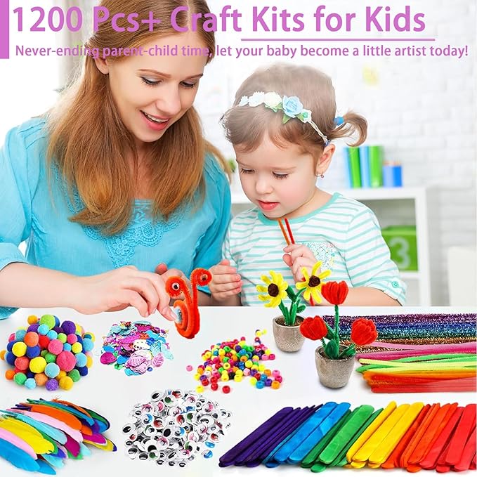 FUNZBO 1200pcs+ Easter Craft Kits with Pipe Cleaners, Pom Poms for Crafts, Popsicle Sticks for Craft, Arts & Crafts Supplies for Kids Ages 4-8 Girls & Boys Birathday Gifts
