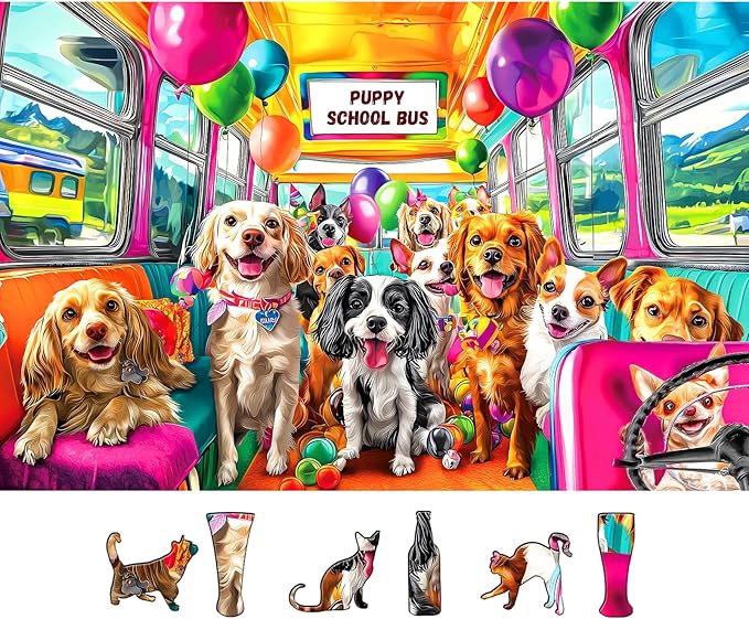 Puppy School Bus Party 500 Piece Puzzle for Adults, Fun Puzzles for Adults 500 Pieces with HD Print & Poster, 23" X 15" Dust Free, for Gifts Halloween Christmas Family Lovers