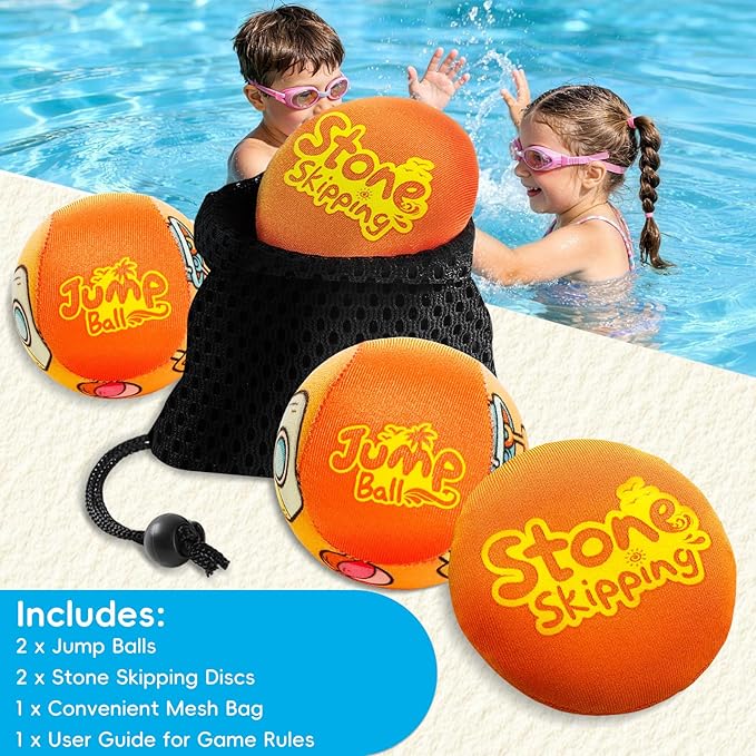 Water Stone Skipping Discs Set 4 Pack – Fun Pool Toys for Kids All Ages – Water Bouncing Skip Ball Toy for Boys & Girls – Best Games Gifts with Your Friends & Family at the Beach, Lake or Pool