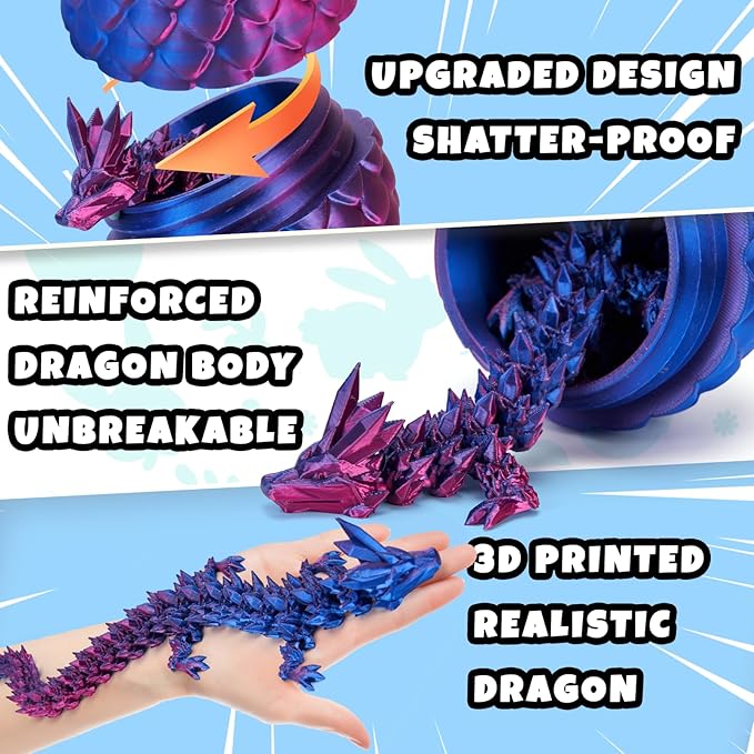 12" 3D Printed Dragon, Upgraded Fall Protection Dragon Egg & Reinforced 3D Dragons Joints, Safe Eco-Friendly Fidget Toy, Ideal for Gift-Giving and Children's Parties (Laser Purple)