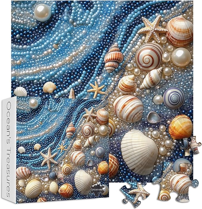 Beach 1000 Piece Puzzles for Adults, PICKFORU Mosaic Gradient Sea Jigsaw Puzzles Jewel Seashells, Challenging Hard Unique Pearl Shell Ocean Theme as House Decor