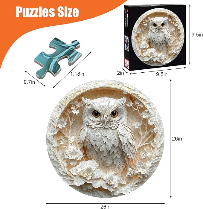 Owl Jigsaw Puzzles for Adults 1000 Pieces - Round Puzzle with 3D Stereo Visual Effect, Paper White Bird Animal Puzzles with Letters on Back, Challenging Hard Difficult Art Puzzle as Home Decor