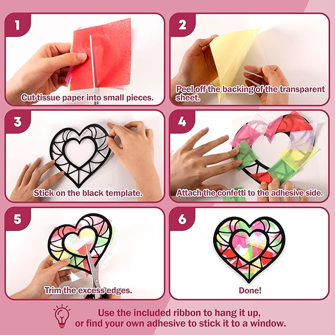 Renbuzhu 40PCS Valentines Day Crafts: Paper Heart Suncatchers, Christmas Valentine's Classroom DIY Kits, Window Stained Glass Effect Art Supplies