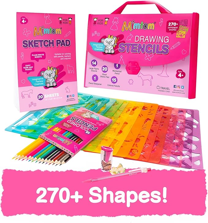 Mimtom Drawing Stencil Kit for Kids, 51 PC Art Set with 270+ Shapes, Sketch Pad, and Colored Pencils for Child's DIY Arts and Crafts, Draw with Princess, Fairies and Animal Stencils, Pink