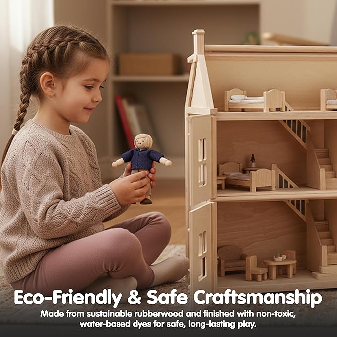 PlanToys® Mother Wooden Dollhouse Figurine | Poseable 1:12 Scale Mini Doll (5 Inch) | Dollhouse Accessories for Pretend Play | Eco-Friendly Montessori Toy for Kids Ages 3+