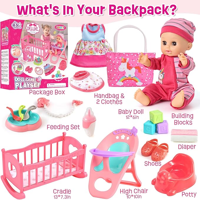 Golray 12in Girl Baby Doll Crib and High Chair Set - Sound&Pee Interactive Baby Doll with 20pcs Accessories Diaper Bag/Cradle/2 Clothes, Feeding Nursery Pretend Play Toddler Girl Toy Gift 3 4 5 6 Year