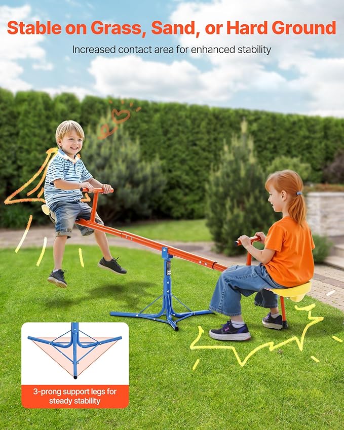 VEVOR Seesaw Teeter Totter for Kids Outdoor, 100 lbs Load Capacity per Seat, Sit and Spin Teeter Totter with 3-Prong Support Legs, Playground Equipment with Swiveling 360 Degrees Rotating for Aged 3+