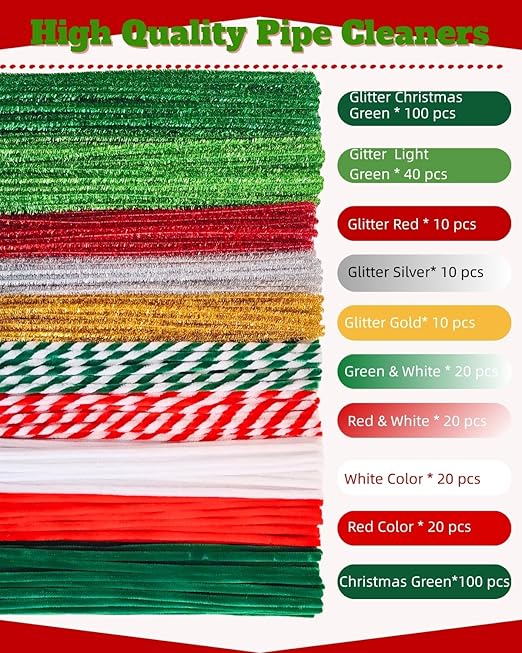473 Pcs Christmas Pipe Cleaners Craft Set（Various Accessories）,Christmas Craft Kit with Wooden Rings,Card Paper,pom poms,Pearls for DIY Decorations,Christmas Party Supplies & Creative Gift