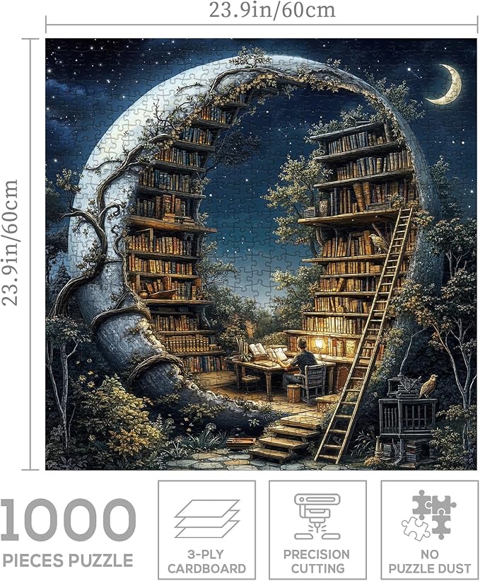 Magic Moon Library Puzzle 1000 Pieces for Adults, Night Book Forest Fantasy Jigsaw Puzzle, Vintage Space Bookshelf Nature Puzzles
