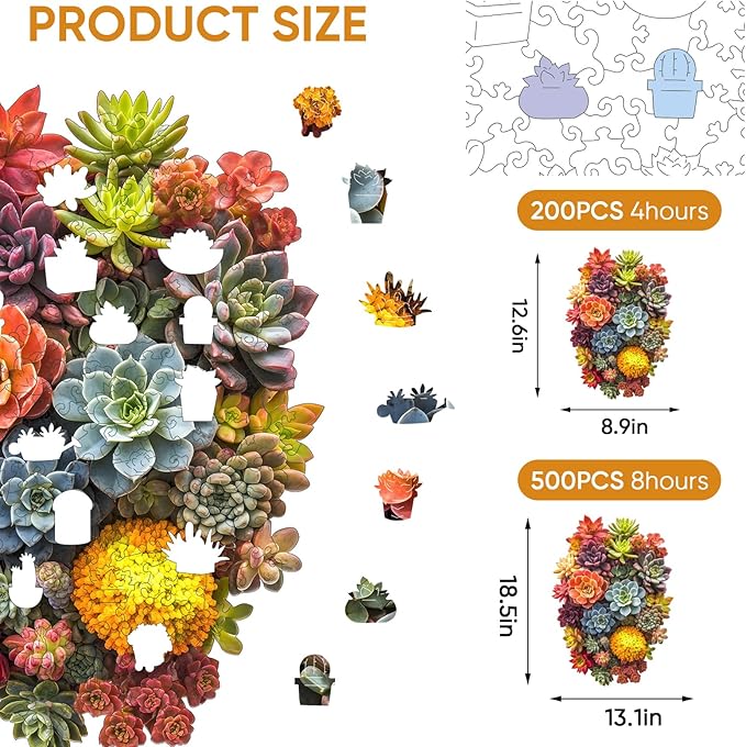 Delobi Succulent Waterfall Wooden Puzzles, 200 Pieces Jigsaw Puzzles 12.6'' x 9'', Unique Design Wooden Puzzles for Adults and Kids, Family Game Gift