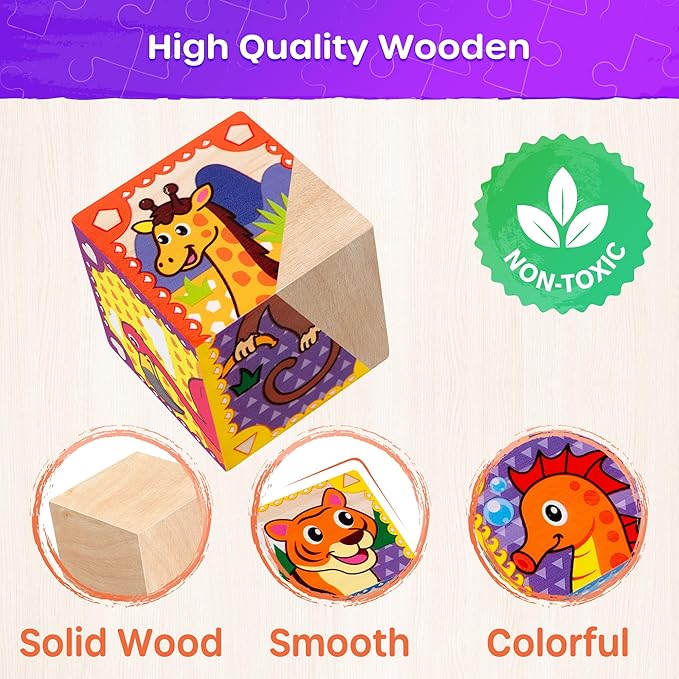 SYNARRY Wooden Puzzles for Toddlers 1-3, Farm Jungle Ocean Animals Puzzles for Toddlers 2-4, Wooden Cube Puzzle with Storage Tray, Large Block Montessori Toys for 1 2 3 Year Old, Easter Gifts for Kids