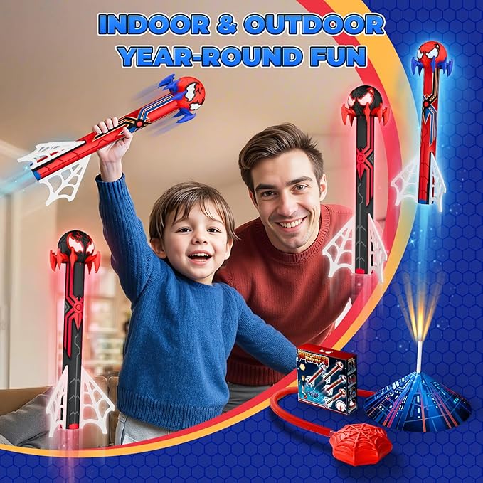 Spider Rocket Launcher for Kids, 4 Rockets with Web Air Pump, Stomping Launch Toys, Outdoor Spider Toys Gifts for 3-10 Year Old Boys & Girls