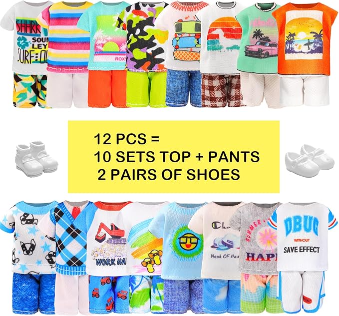 Miunana 22 PCS 5.3 Inch Boy Doll Clothes for 6 Inch Doll Top and Pants Handmade Casual Wear 10 Sets Fashion Outfit for 4-6 Inch Clothes and Accessories with 2 Pairs of Shoes