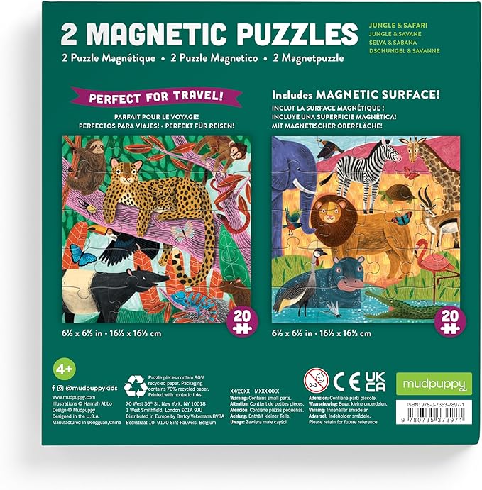 Mudpuppy Jungle & Safari - Tri Fold Magnetic Puzzles Featuring Two 20 Piece Jungle and Safari Themed Artwork