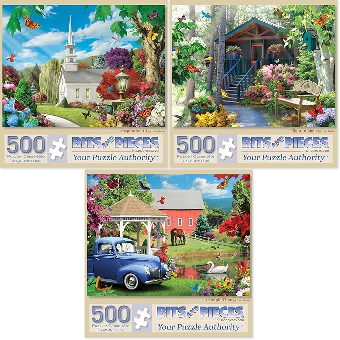Bits and Pieces Value Set of Three Jigsaw Puzzles for Adults – Alan Giana Designs – 300 & 500 Piece (18" x 24") Puzzles – Seasons, Nature, Church, Cabin, Barn, Sun, Birds (Three 500 Piece Puzzles)