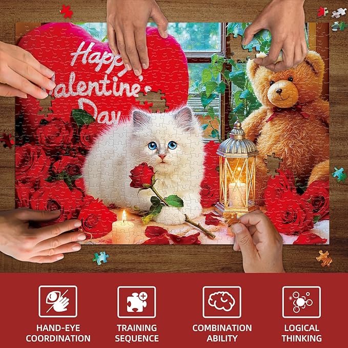 Sutinban Valentine 500 Piece Puzzle for Adults, White Cat Red Rose Bear Colorful Jigsaw Puzzle, Romantic Candlelight Greaty Family Game Sweet Heart Night Valentine Gifts for Man Woman Decor