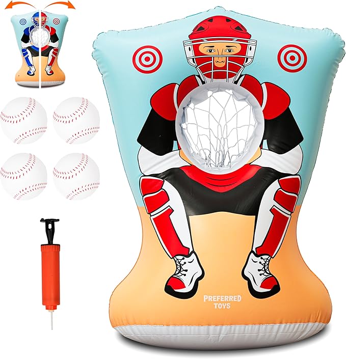 Inflatable Baseball Pitching Target for Kids 3 and Above - Double-Sided Throwing Toss Game with 4 Soft Balls - Indoor Outdoor Baseball Toys Training Equipment - Red/Blue