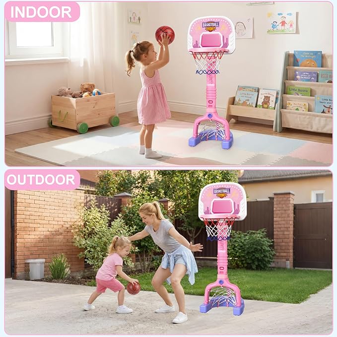 Toddler Basketball Hoop Indoor, 2-in-1 Adjustable Kids Basketball Hoop and Soccer Goal for Ages 1-3 3-5, Mini Baby Basketball Hoop Set with 4 Balls for Girls Child Indoor Outdoor Poolside Pink