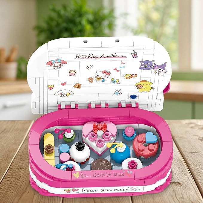 Brickcraft Hello Kitty Dessert Box Building Kit (184-Piece Set), Sanrio Buildable Sweets Set with Chocolate Bow Lid, Decorative Stickers, Gift for Fans Ages 12+