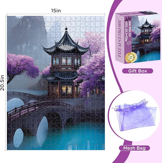 500 Piece Puzzles for Adults, Cherry Blossom Pavilion Dreamscape Puzzles, Vintage Flower Tree Scenery Jigsaw Puzzle, challenging Unique Lake Park Theme Puzzle as Home Decor Gift, 20.5 x 15 in