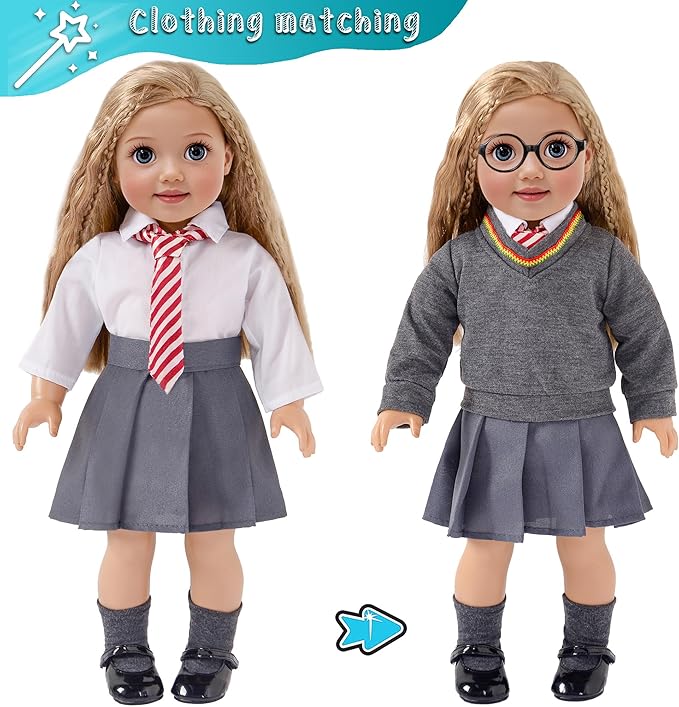 ebuddy 18 Inch Doll Clothes 10Pcs Magical School Outfit, Doll Costume with Wand & Glasses, Gift for Girls (No Doll)