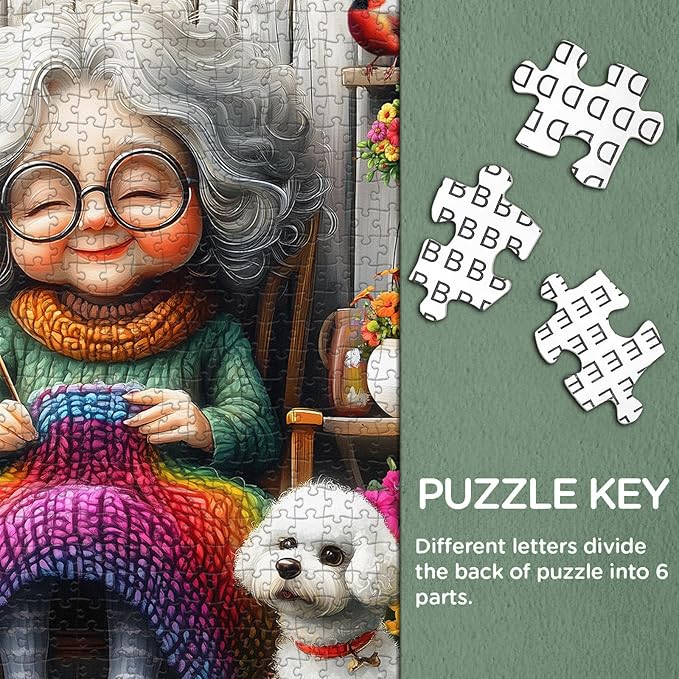 Old Woman Puzzles for Adults 1000 Piece, Larkipuzz Challenging Grandma’s Cozy Knit Puzzle Dog Cardinal, Hard Impossible Floral Plant Art Theme as Wall Decor