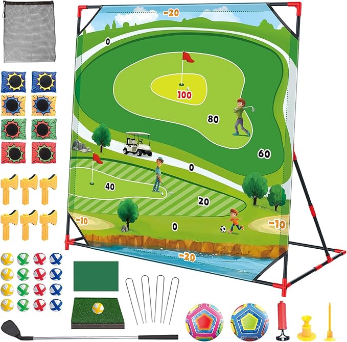 Golf Game Play Set for Kids, Golf Chipping Games with Sticky Golf Balls Darts Soccer Balls & Bean Bags, Fun Outdoor Lawn Beach Backyard Party Activities for Teens Adults