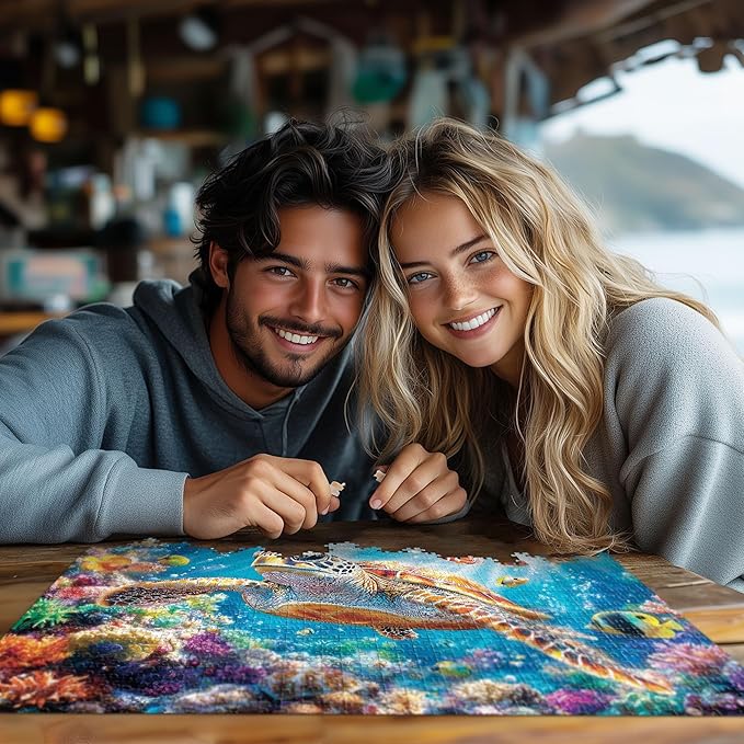 Puzzles for Adults 1000 Pieces- Sea Turtle Puzzle 1000 Piece, Challenging Ocean Jigsaw Puzzles with Letter on Back, Gifts for Adults, Stress Relief, Birthday & Game Night with Guide Poster