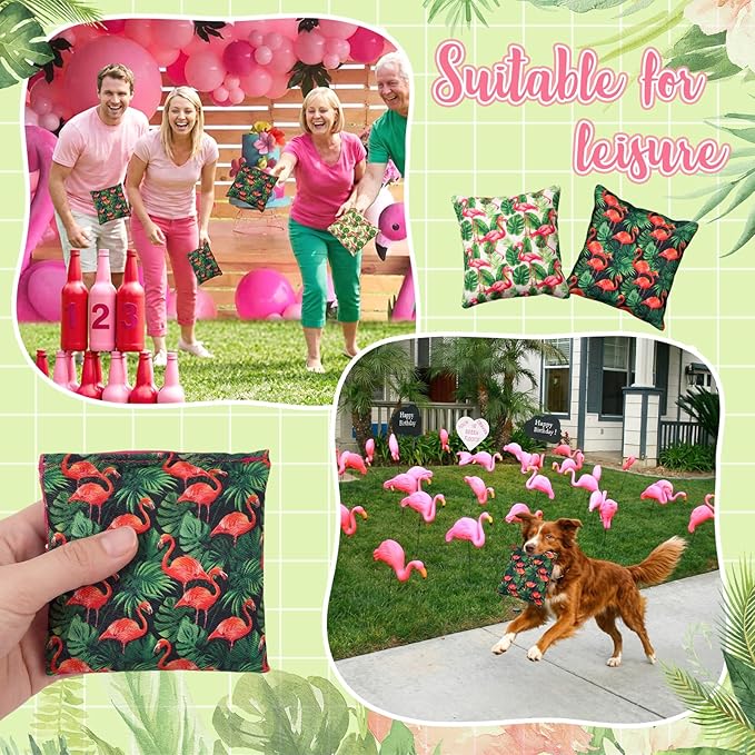 Soulchen 12 Pack Flamingos Bean Bags for Tossing Game Flamingos Corn Hole Game Bags for Hawaiian Summer Beach Birthday Luau Party Decor Family Holiday Outdoor Indoor Yard Hand Throwing Supplies