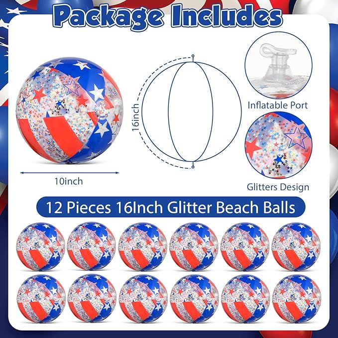12 Pack 4th of July Sequins Beach Balls 16" Patriotic Flag Pool Ball American Party Decoration PVC Jumbo Sport Ball for Adults Independence Day Summer Beach Swimming Pool Water Game Party Favor