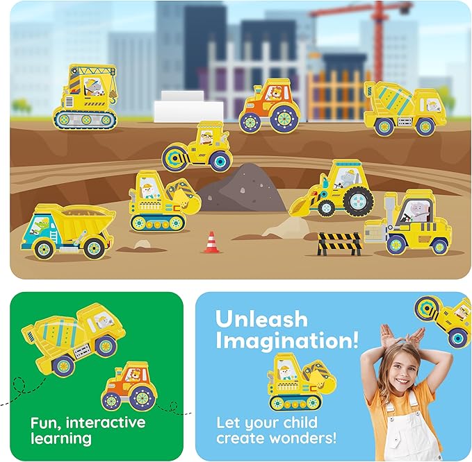 PicassoTiles Magnetic Tile Building Blocks Add On 8 Magnetized Action Figures Construction Vehicles & Zoo Animal Theme Compatible with Magnet Tiles Sets STEM Learning Toy for Boys & Girls Age 3+ PTA21