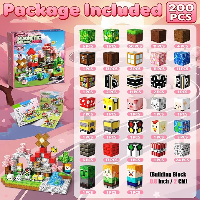 Magnetic Blocks, 200PCS Magnetic Building Blocks, Stacking Magnets for Kids, Sensory Toy for STEM Constructions Magnet Blocks for Boys Girls Age 3+, Christmas Birthday Gifts