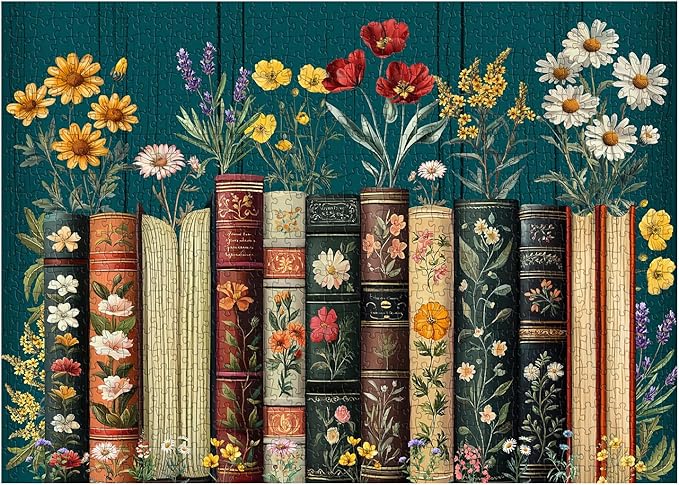 Vintage Wildflower Book Puzzles for Adults 1000 Pieces, Plant Floral Books Pages Jigsaw Puzzle, Retro Bookshelf Puzzles with Blossoming Wildflowers, Botanical Literary Theme Puzzle for Book Lovers