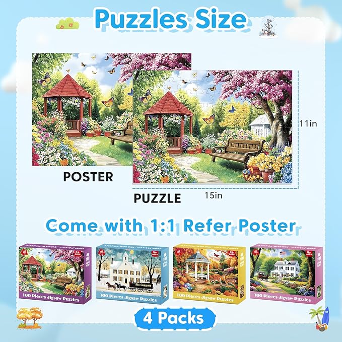 4 Pack 100 Piece Puzzles for Seniors, Four Seasons Jigsaw Puzzles for Elderly Large Piece Puzzle for Adults & Kids Ages 4-6 6-8 8-10, Easy Beginner Puzzle Family Educational Toy Gift